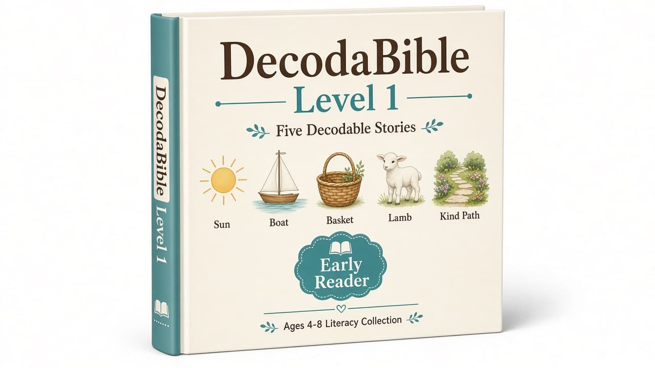 Hardcover mockup of DecodaBible Level 1, a collection of five decodable stories for ages 4 to 8.