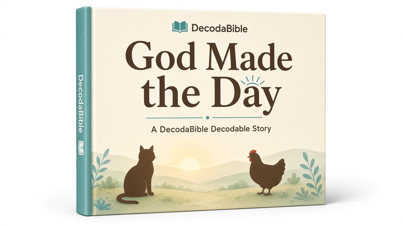 Hardcover mockup of God Made the Day, a DecodaBible decodable picture book, with a cat and a hen watching a sunrise.