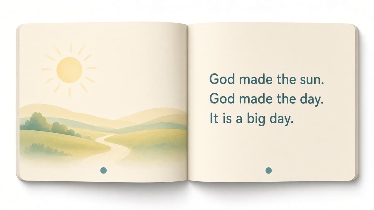 Open interior spread with a sunlit path illustration and short sentences: God made the sun. God made the day. It is a big day.