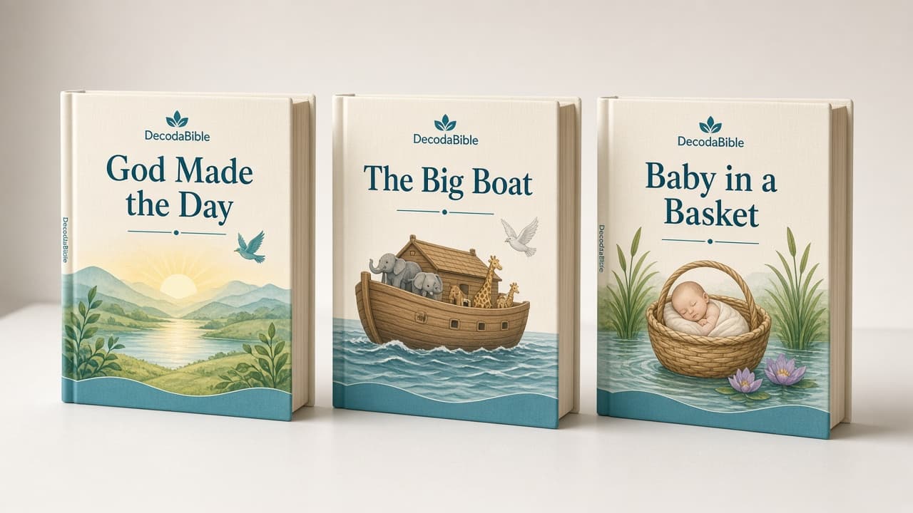 Three standing DecodaBible books: God Made the Day, The Big Boat, and Baby in a Basket.